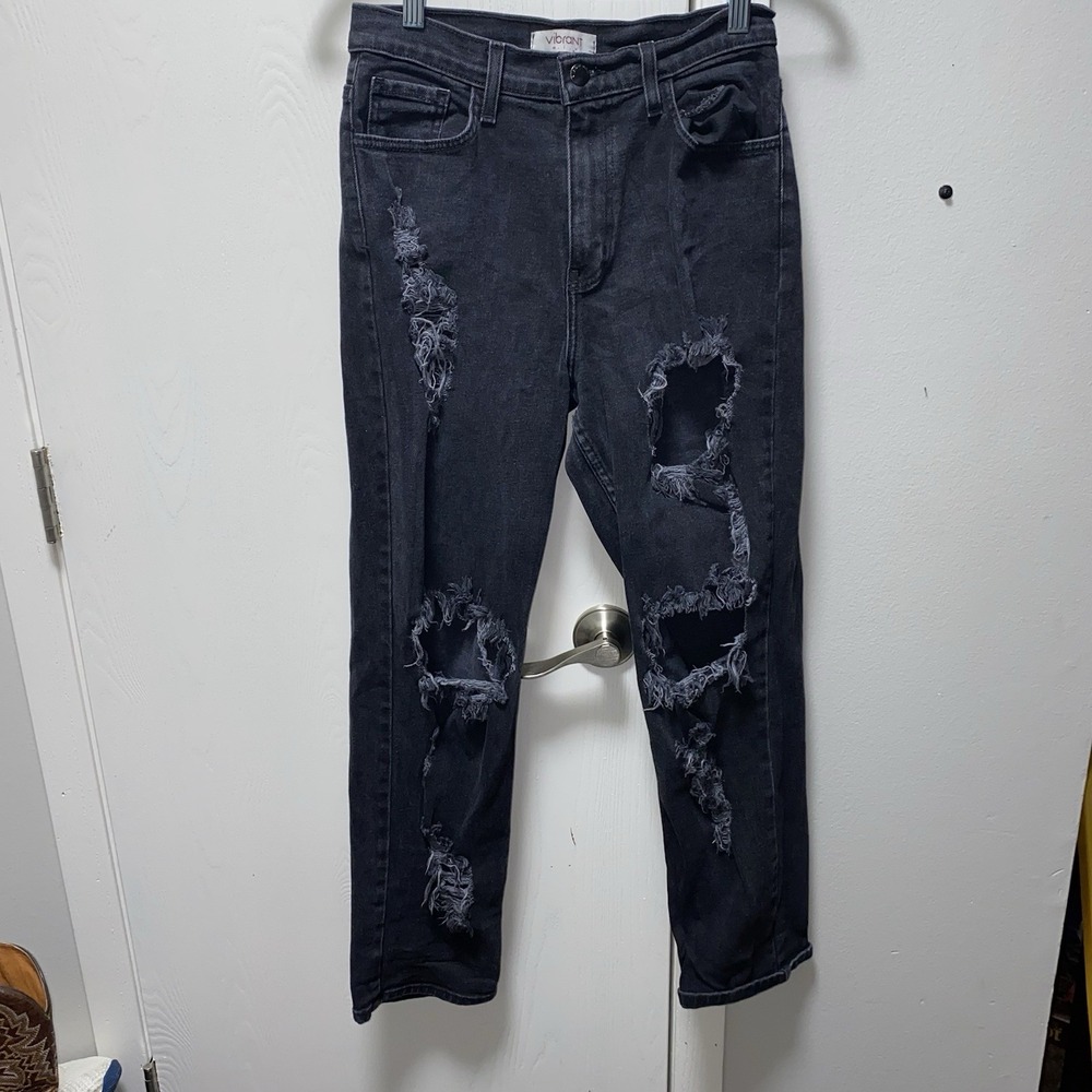 Vibrant M.I.U Straight Skinny Black‎ Distressed Jeans Made In USA. 9/28